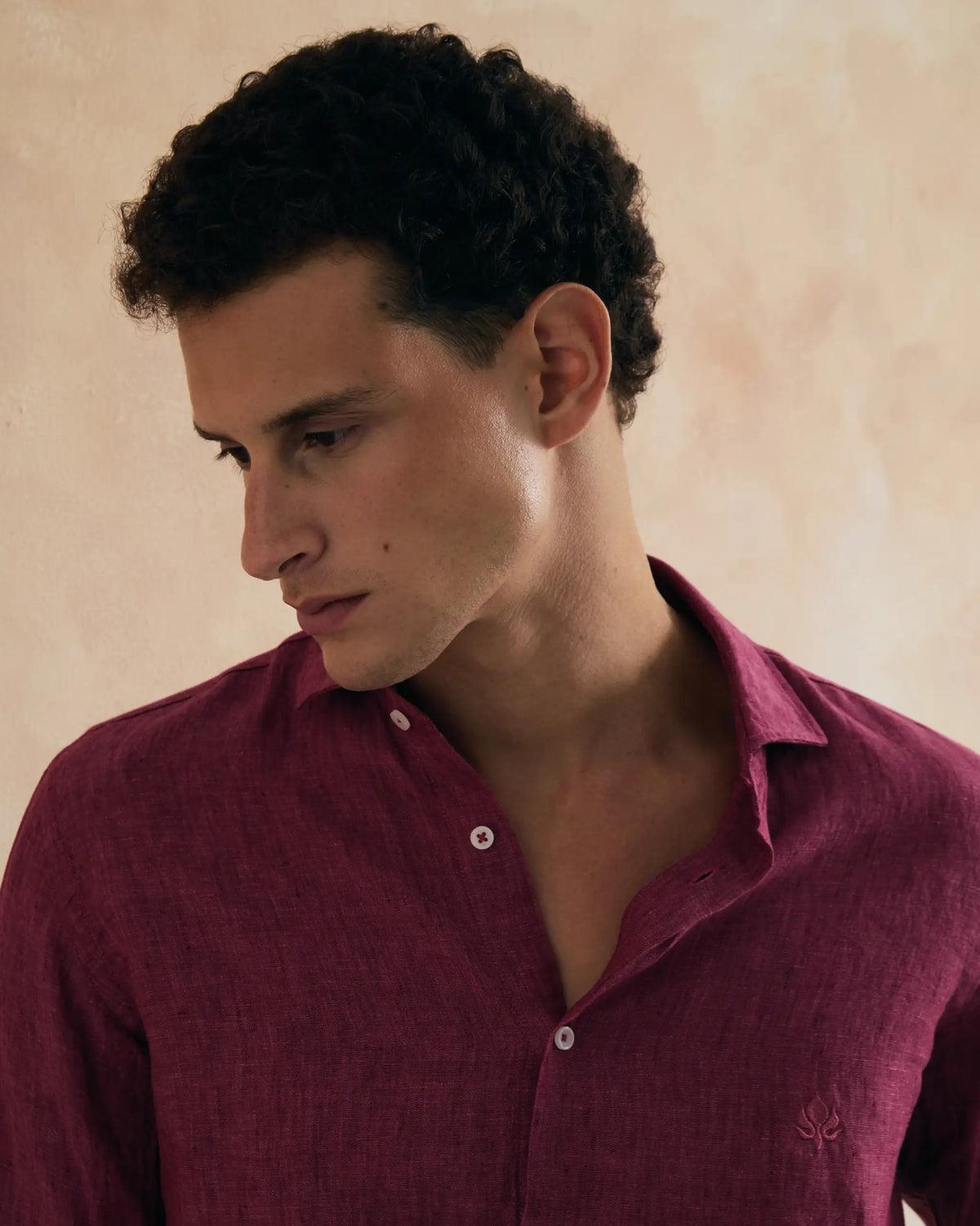 Men’s 100% washed linen shirt in earthy light brown or maroon, featuring a regular tailored fit, classic point collar, long sleeves, buttoned cuffs, front button closure, and subtle DIBAJJ embroidery on the chest.